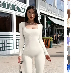 Square Collar Women's Yoga Long Sleeve Jumpsuit